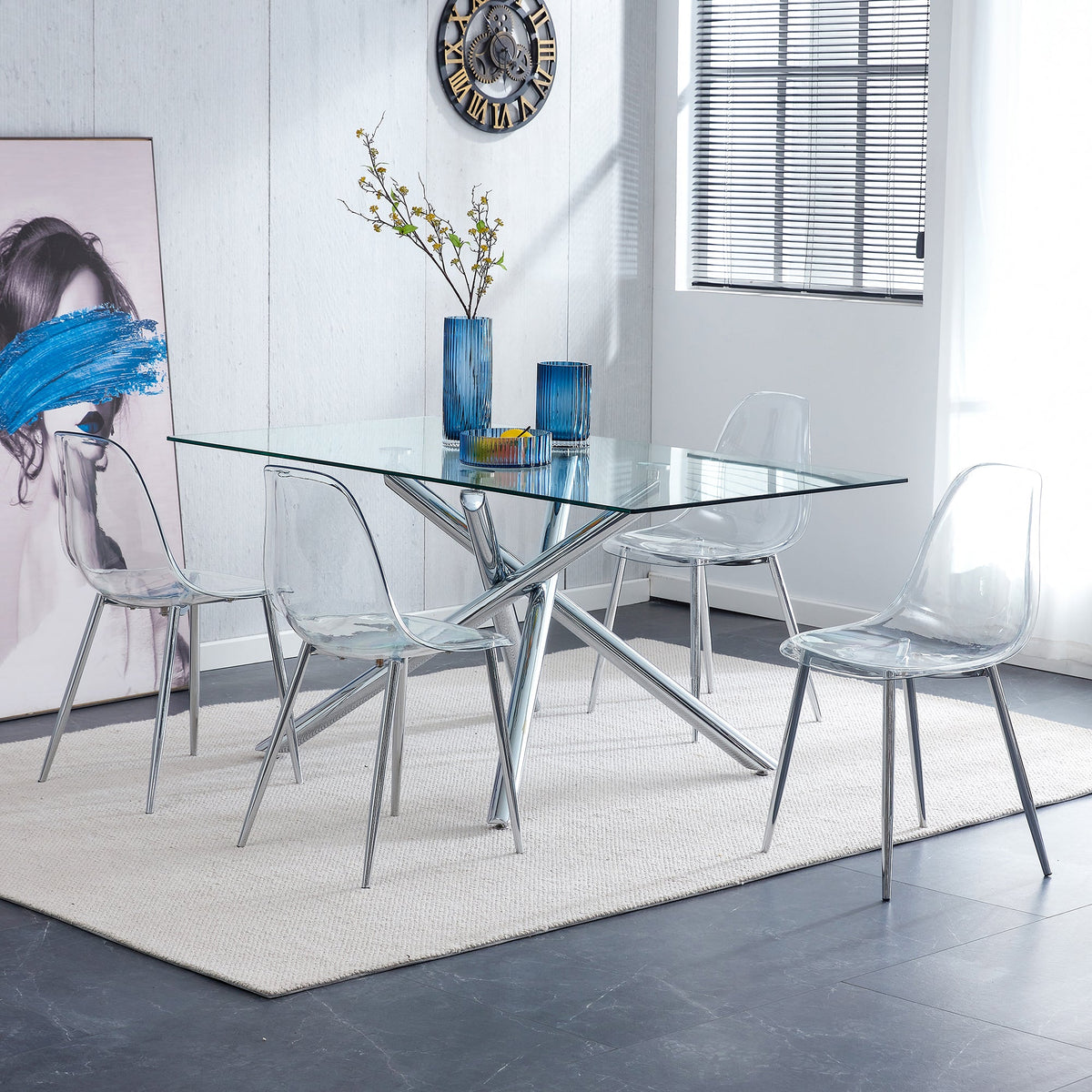Modern Minimalist Transparent Dining Chair Set with Ergonomic PET Seat - Clear/Silver