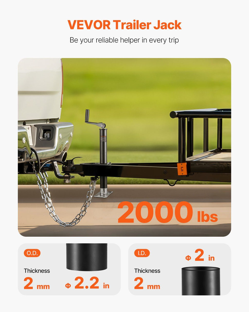 VEVOR A-Frame Trailer Jack, 2000 lbs Dynamic Load Capacity, Trailer Jack Stand with Handle & Rectangular Footpad, 15-inch Vertical Travel, Suitable for RV, Horse, Utility Trailers, Yacht Trailers