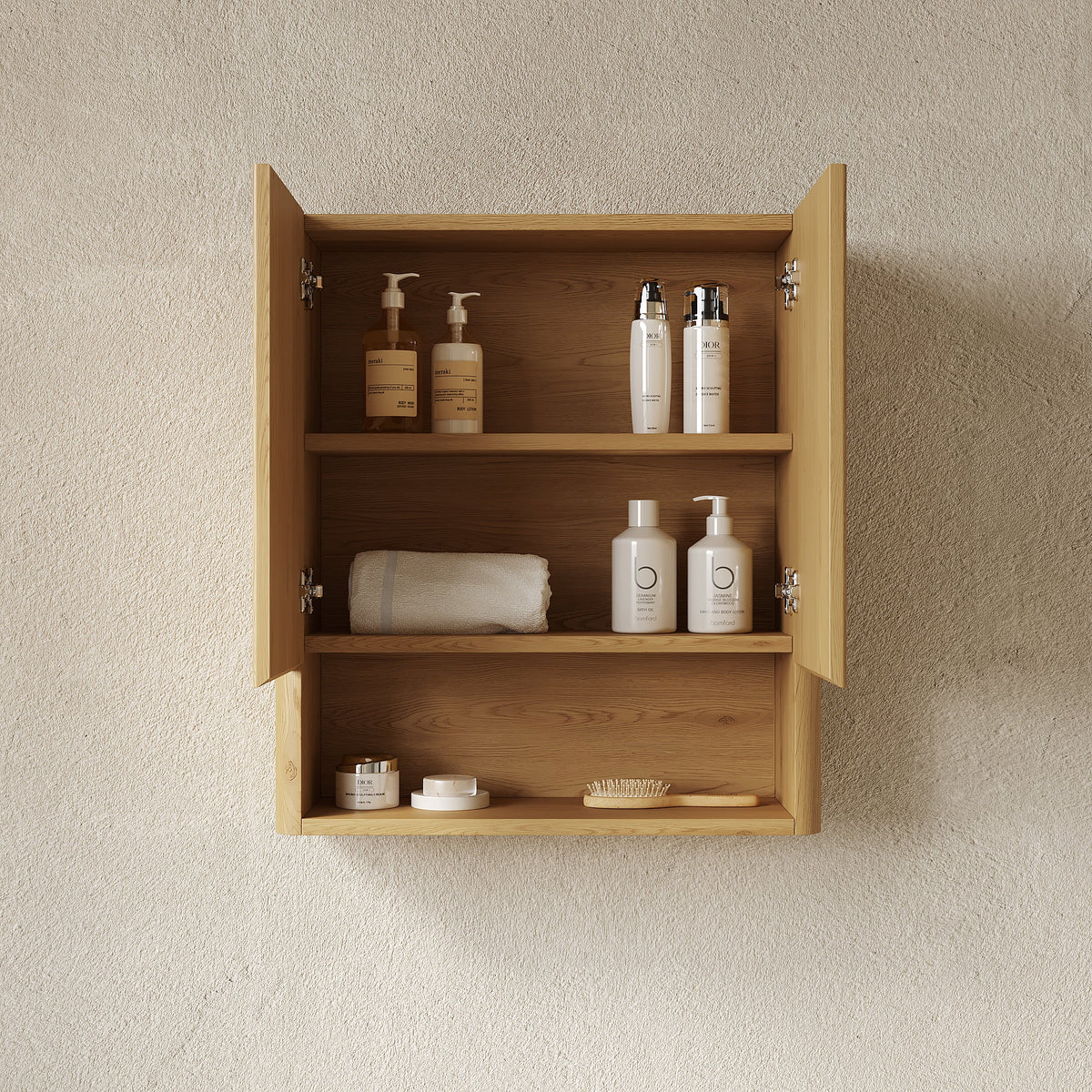 26" Wall-Mounted Bathroom Cabinet with Solid Wood Striped Doors - Natural Finish