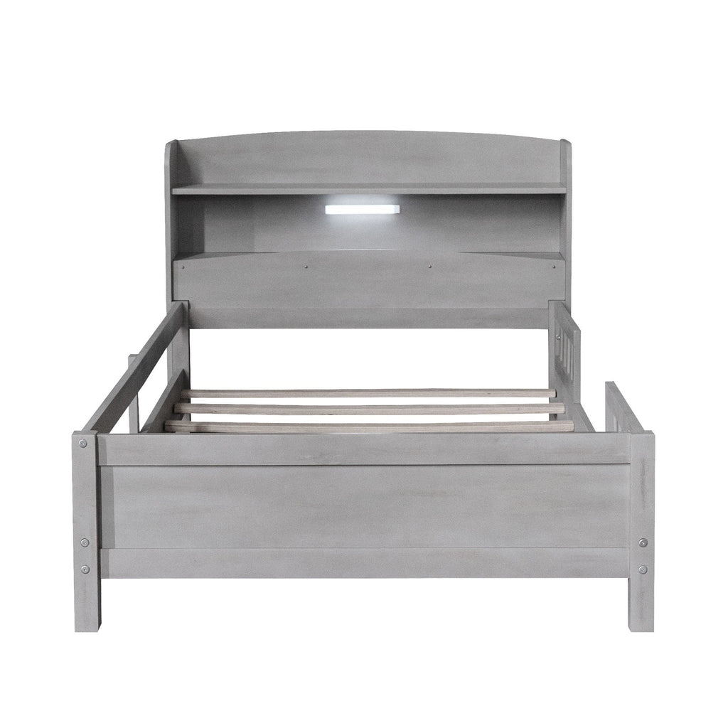 Wood Platform Storage Bed with LED Light & Storage Headboard - White or Dark Gray