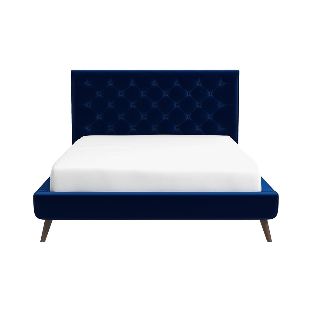 Mid-Century Platform Bed with Tufted Headboard - Blue