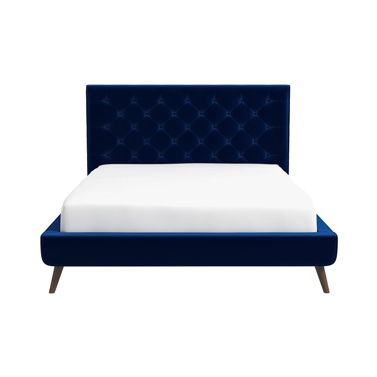 Mid-Century Platform Bed with Tufted Headboard - Blue