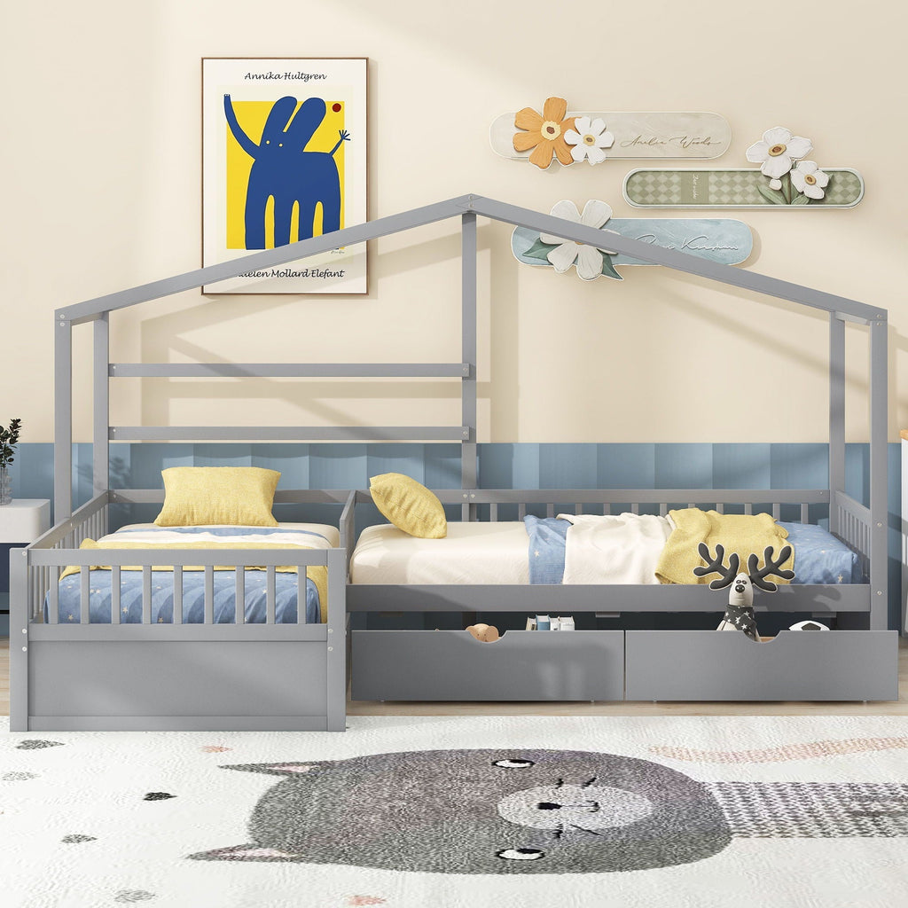 L Shape Twin Platform Bed with 3 Storage Drawers - Dark Gray or White