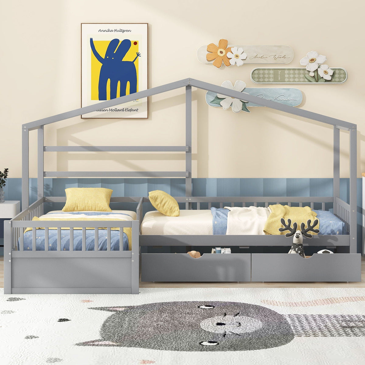 L Shape Twin Platform Bed with 3 Storage Drawers - Dark Gray or White