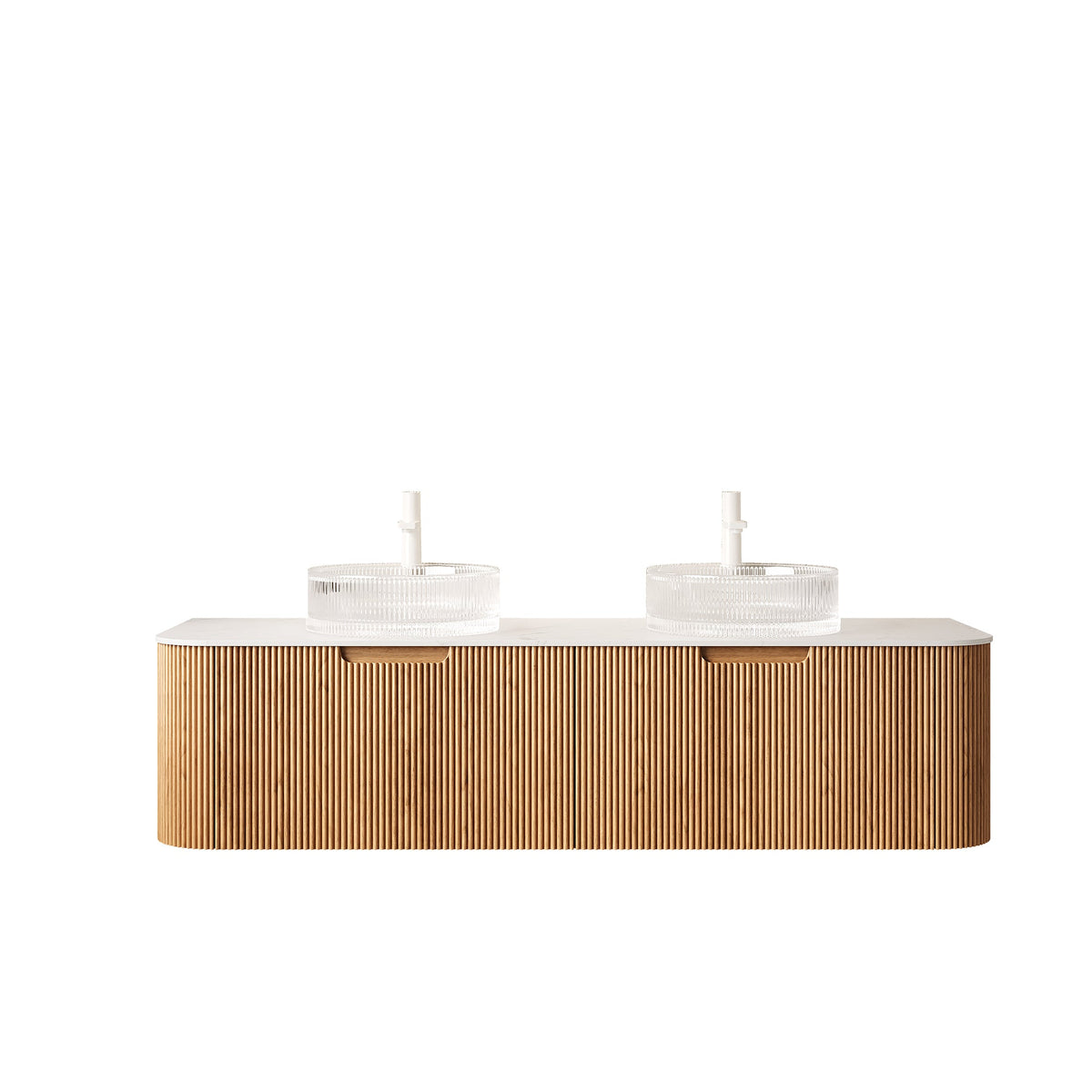 Floating Curved Edge Bathroom Vanity with Glass Basins - 60 Inch
