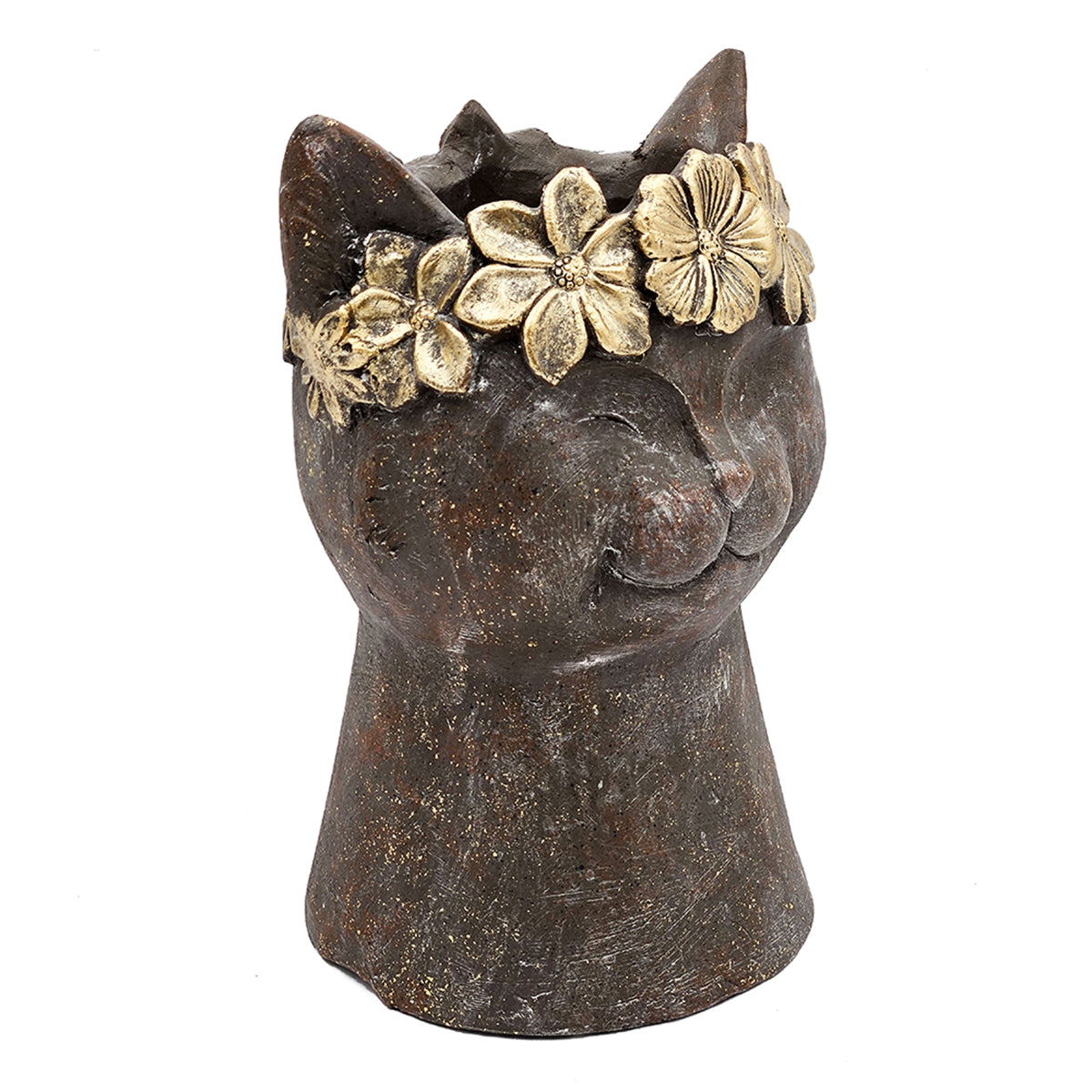Magnesium Cat Statue Planter with Textured Finish - Brown & Gold