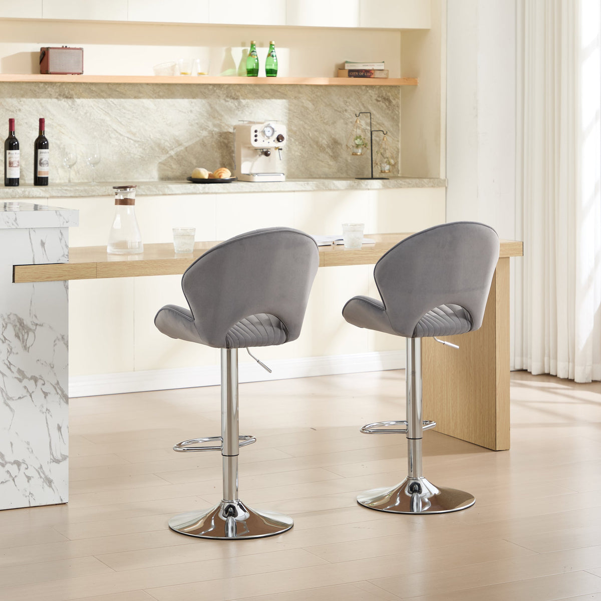 Grey Adjustable Bar Stools Set of 2 with Back and Footrest