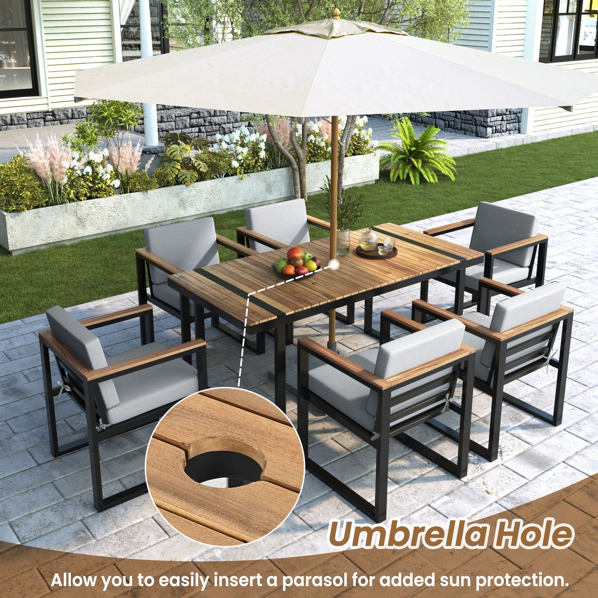 7 Piece Outdoor Dining Set with Removable Cushions - Gray or Beige