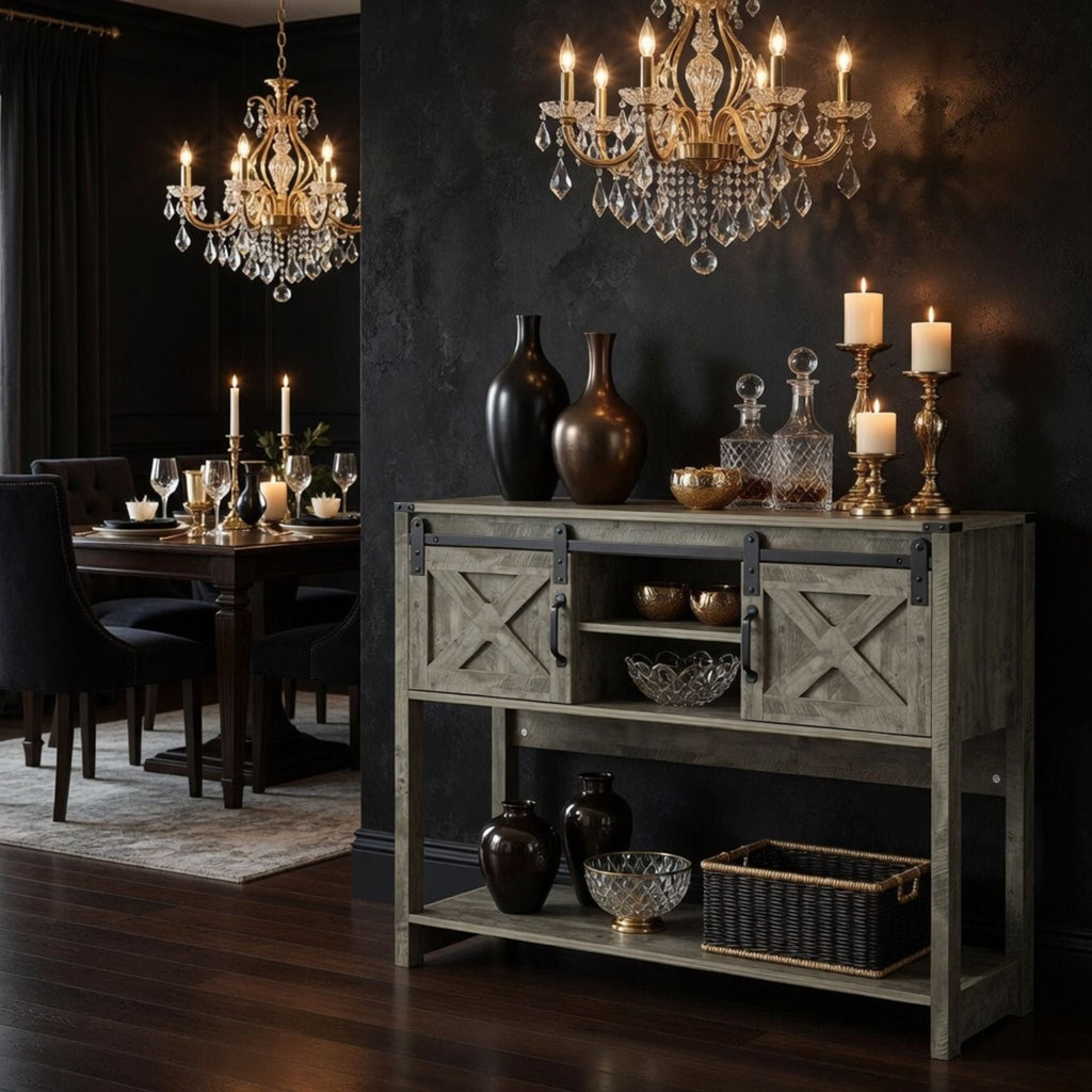Farmhouse Entryway Table with Sliding Barn Door - Gray, Dark Gray, White, Black