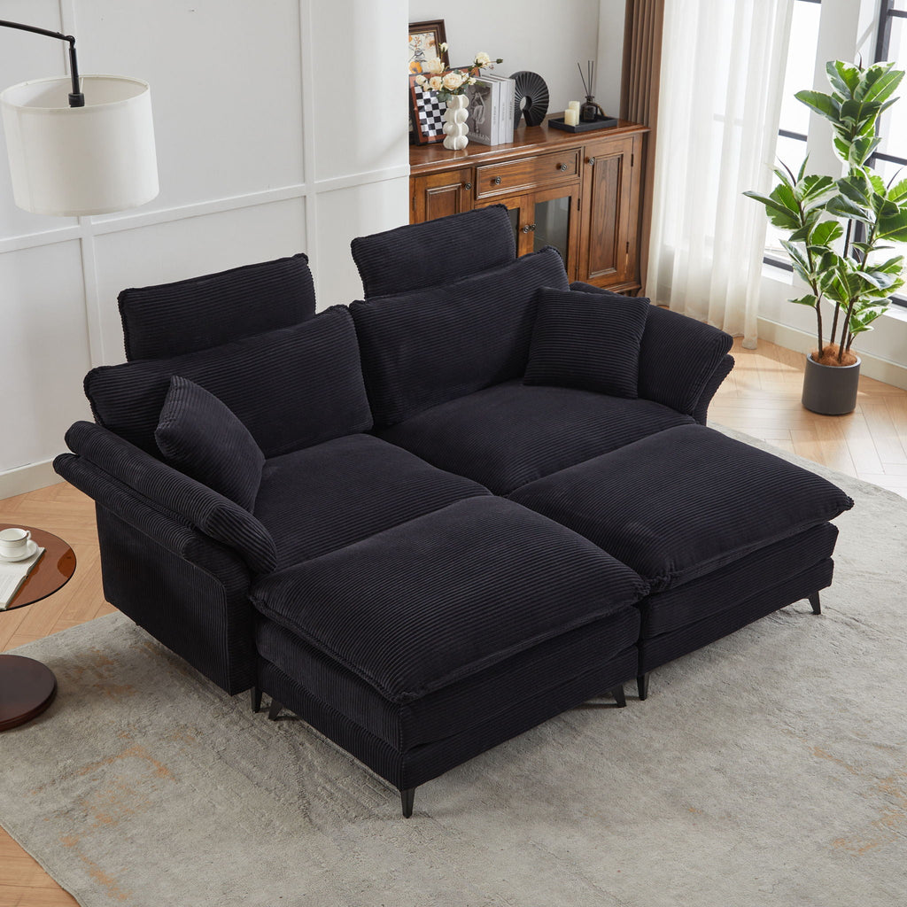 Modern Deep Seat Sectional Sofa with Ottoman - Corduroy - Black or Beige