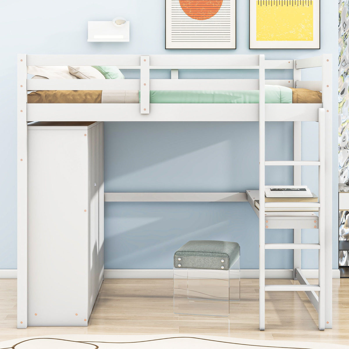 Full Size Loft Bed with Built-In Wardrobe, Shelves, and Drawers - White or Dark Gray