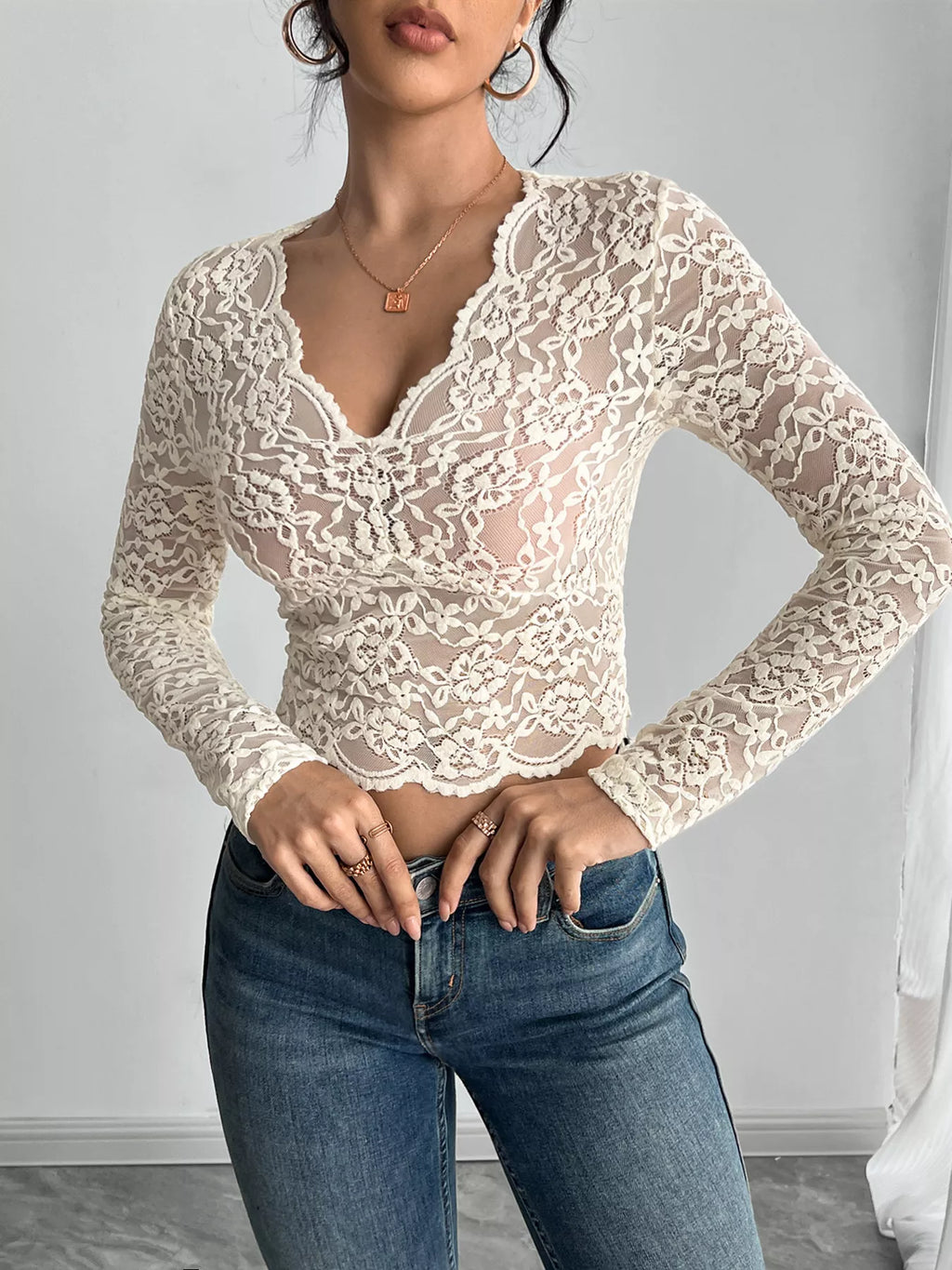 Elegant Lace V-Neck Long Sleeve Top