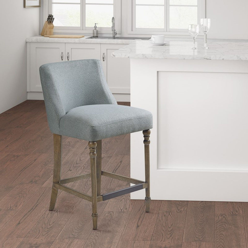 Blue Counter Stool with Upholstered Seat and Solid Wood Frame