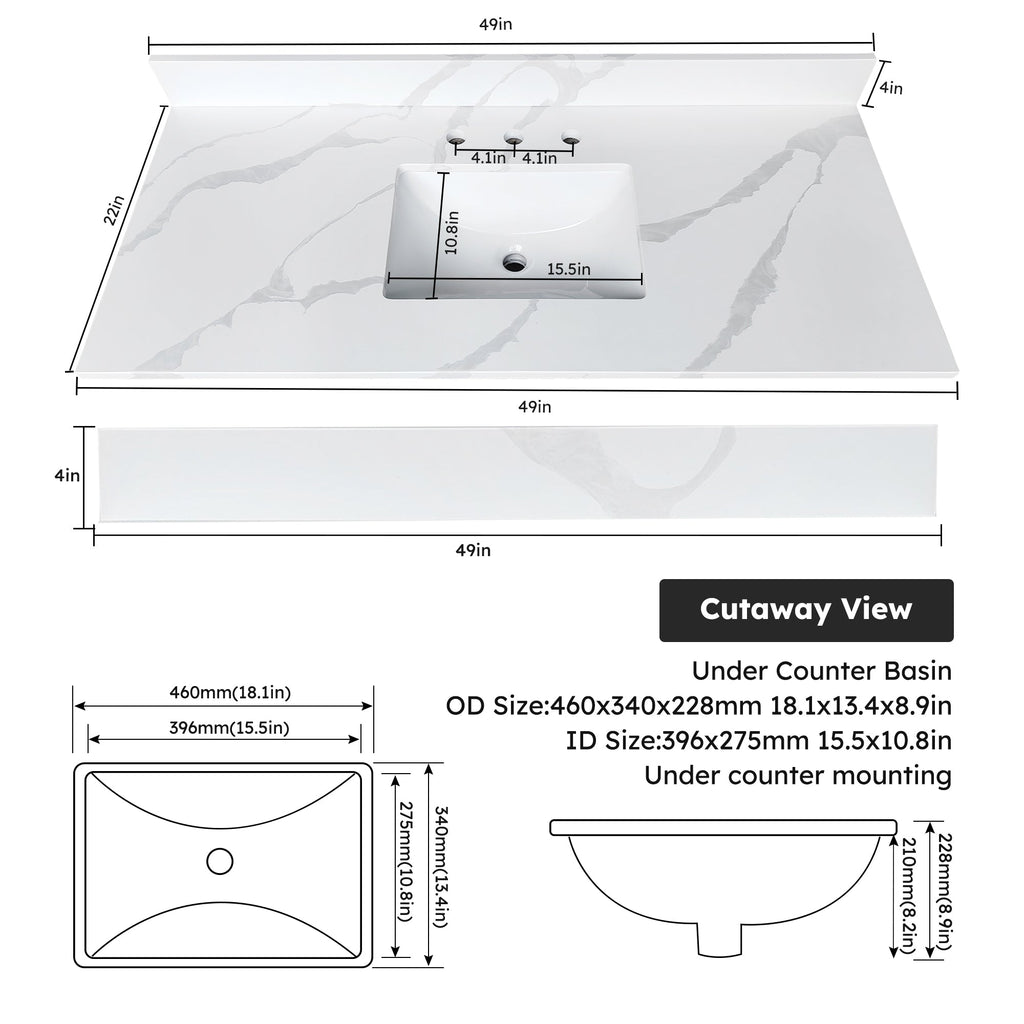 49-Inch Quartz Bathroom Vanity Top