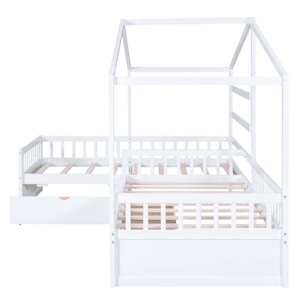 L Shape Twin Platform Bed with 3 Storage Drawers - Dark Gray or White