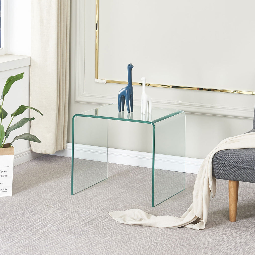 Tempered Glass End Table with Seamless Bent Glass Design - Transparent