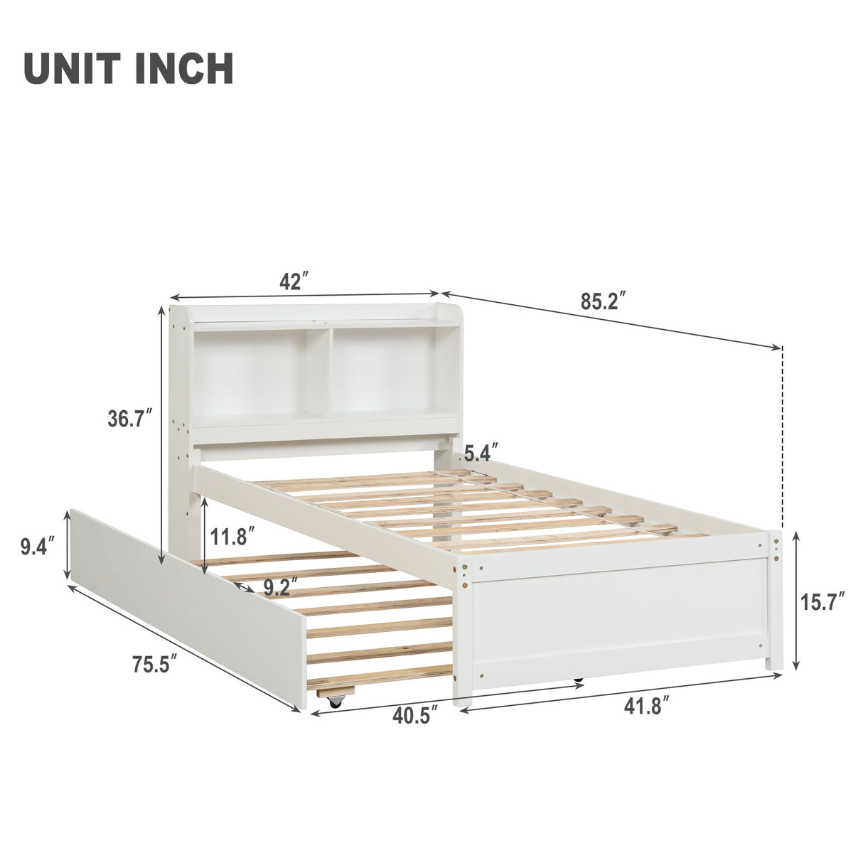 Twin Bed With Trundle and Bookcase Headboard - Wood Frame, Multiple Colors