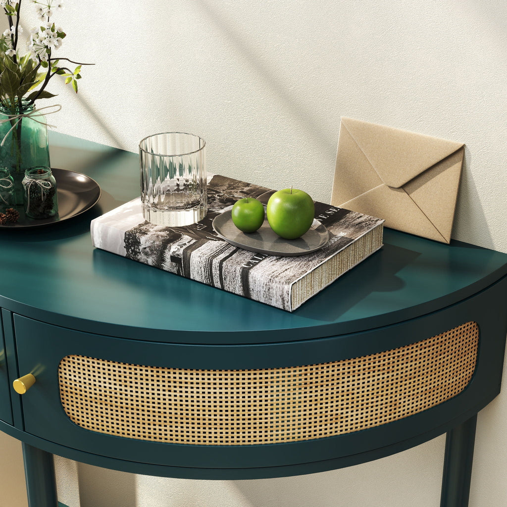 Boho Rattan Semi Circle End Table with Sliding Door and Storage - Black or Dark Green