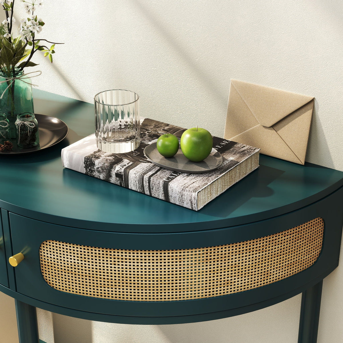 Boho Rattan Semi Circle End Table with Sliding Door and Storage - Black or Dark Green