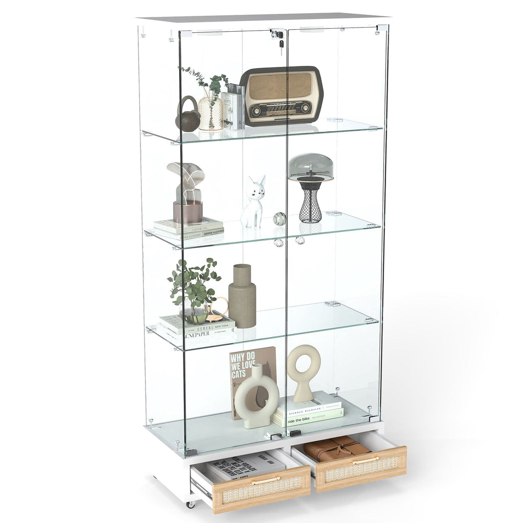 Glass Display Cabinet with LED Lights and Large Drawers - Natural / White