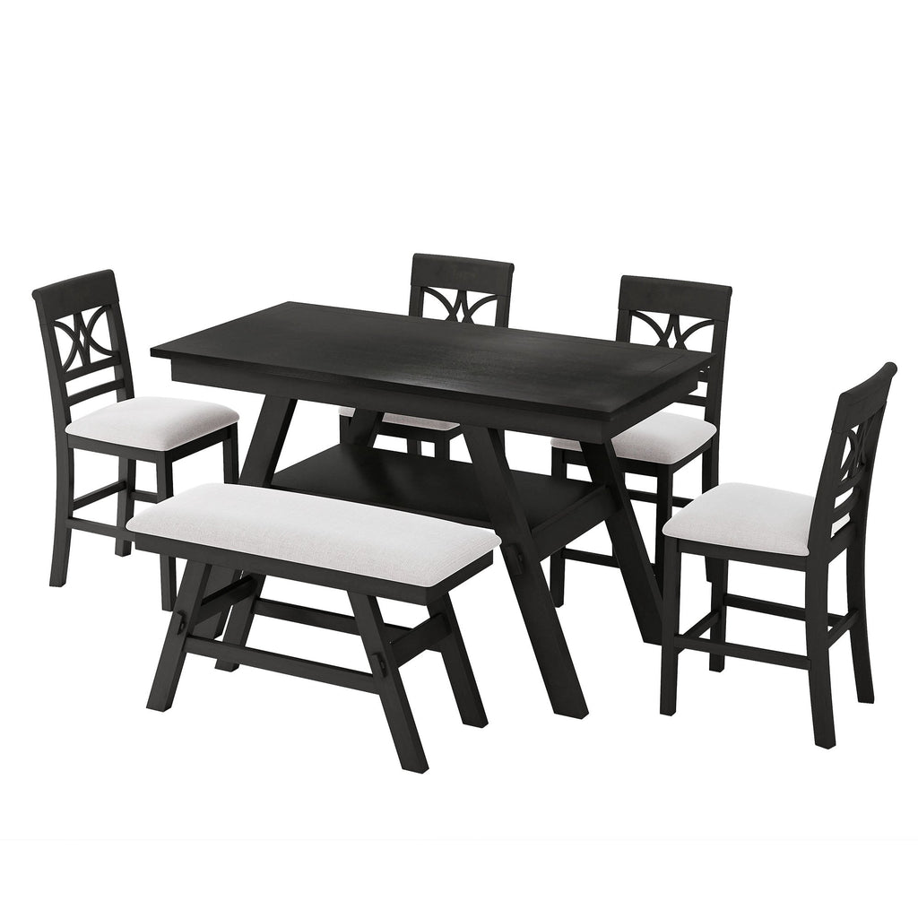 6 Piece Counter Height Dining Table Set with Storage Shelf - Espresso Wood