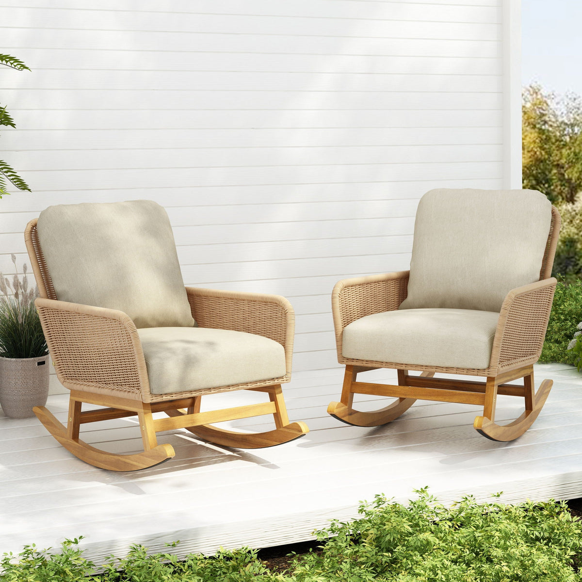 Contemporary Minimalist Wicker Rocking Chair With Soft Cushions