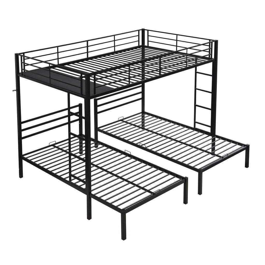 Modern Metal Triple Bunk Bed with Storage Shelf - Black