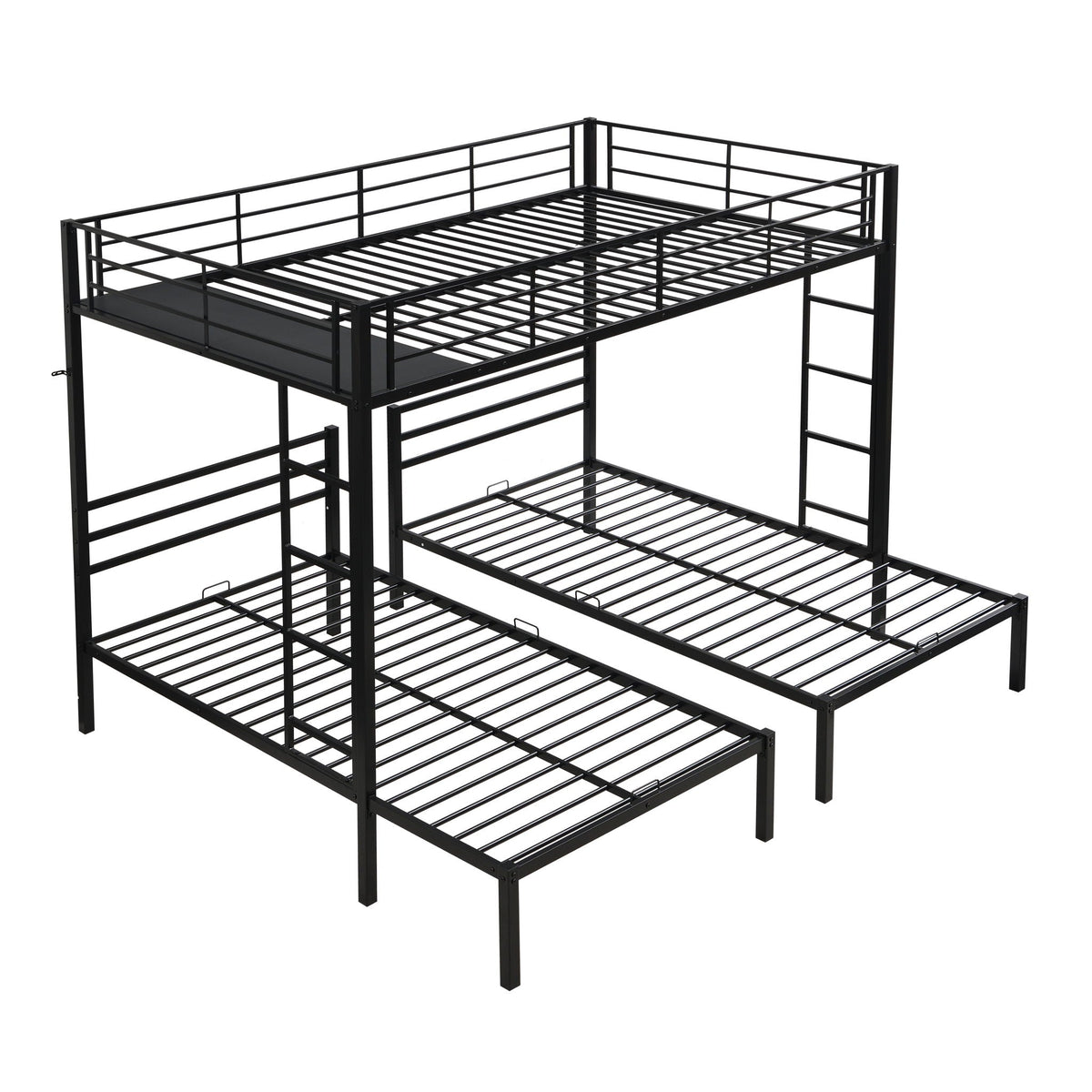 Modern Metal Triple Bunk Bed with Storage Shelf - Black