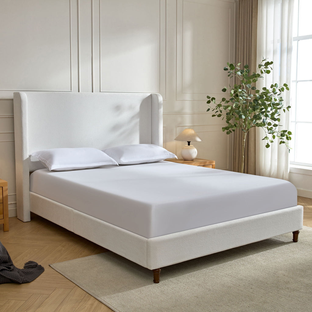Tall Headboard Upholstered Bed with No Box Spring Needed - Cream