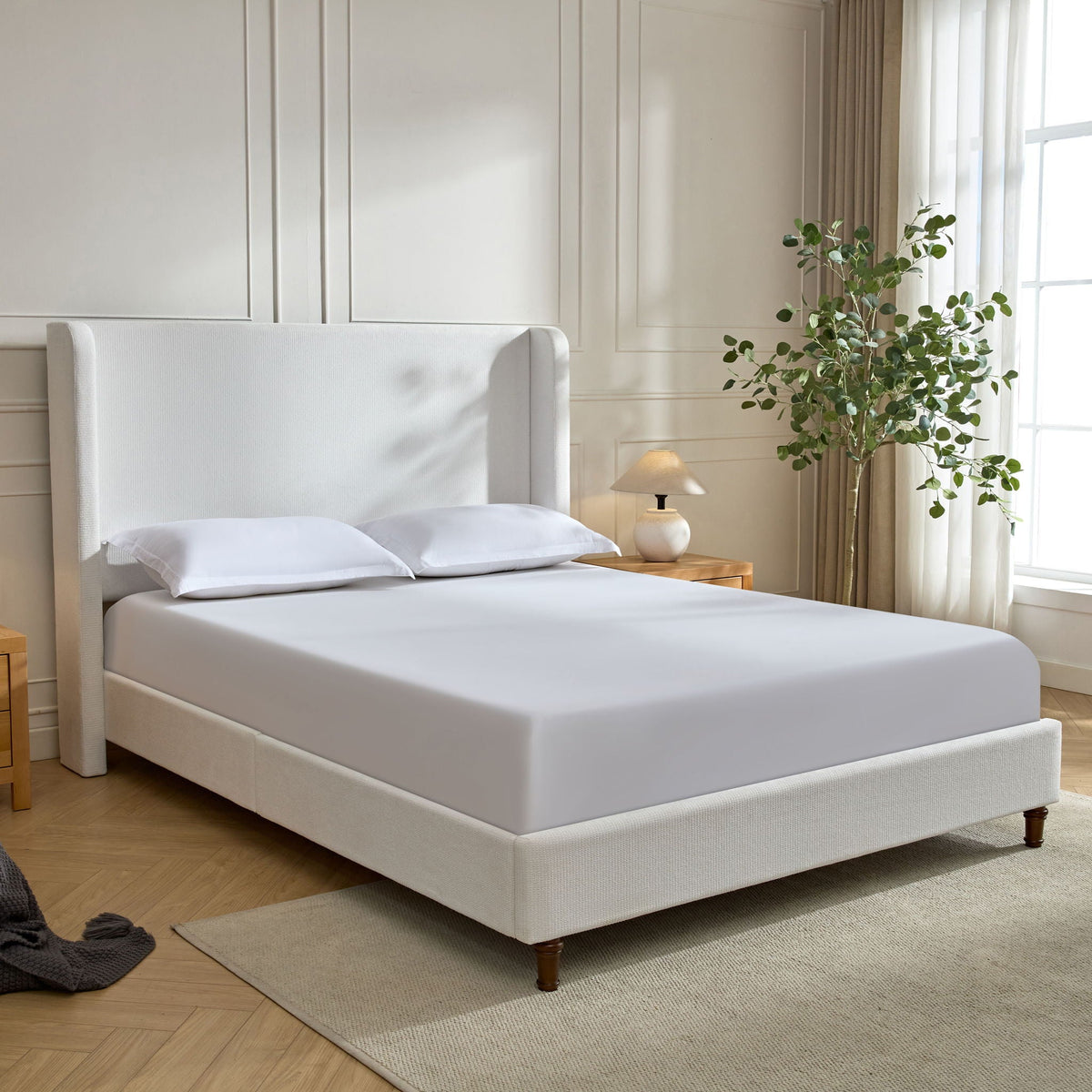 Tall Headboard Upholstered Bed with No Box Spring Needed - Cream