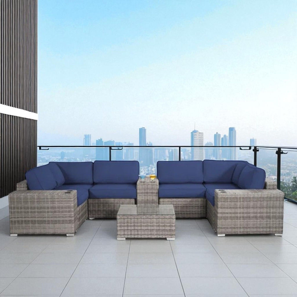 Modern Patio Rattan Sectional Set with Cushions - Multiple Set Options