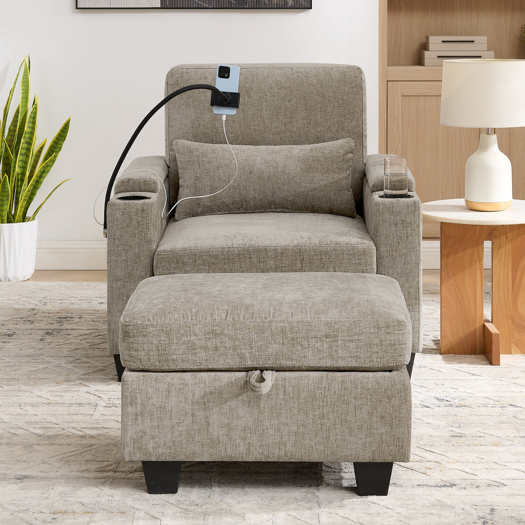 Single Sofa Recliner with Adjustable Backrest and USB Port - Brown