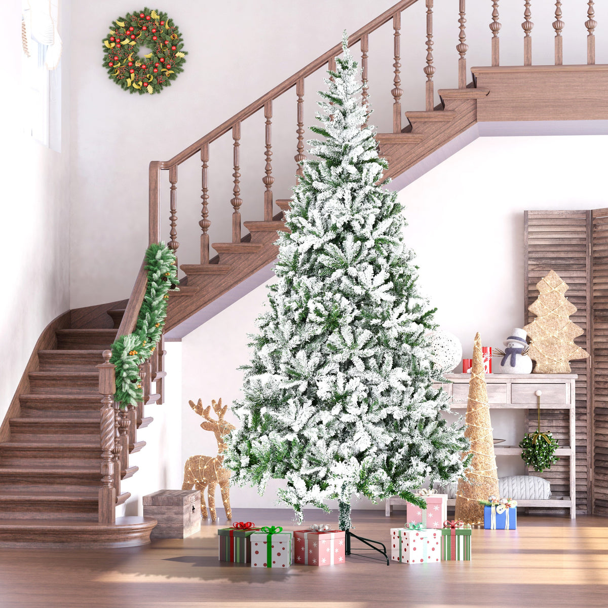 9' Tall Unlit Snow Flocked Pine Christmas Tree - Artificial Pine