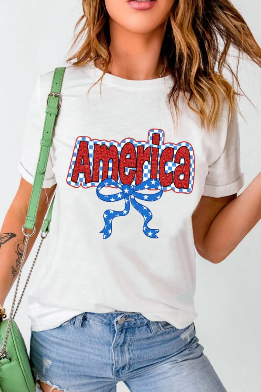 Funky America Letter Bow Round Neck T Shirt