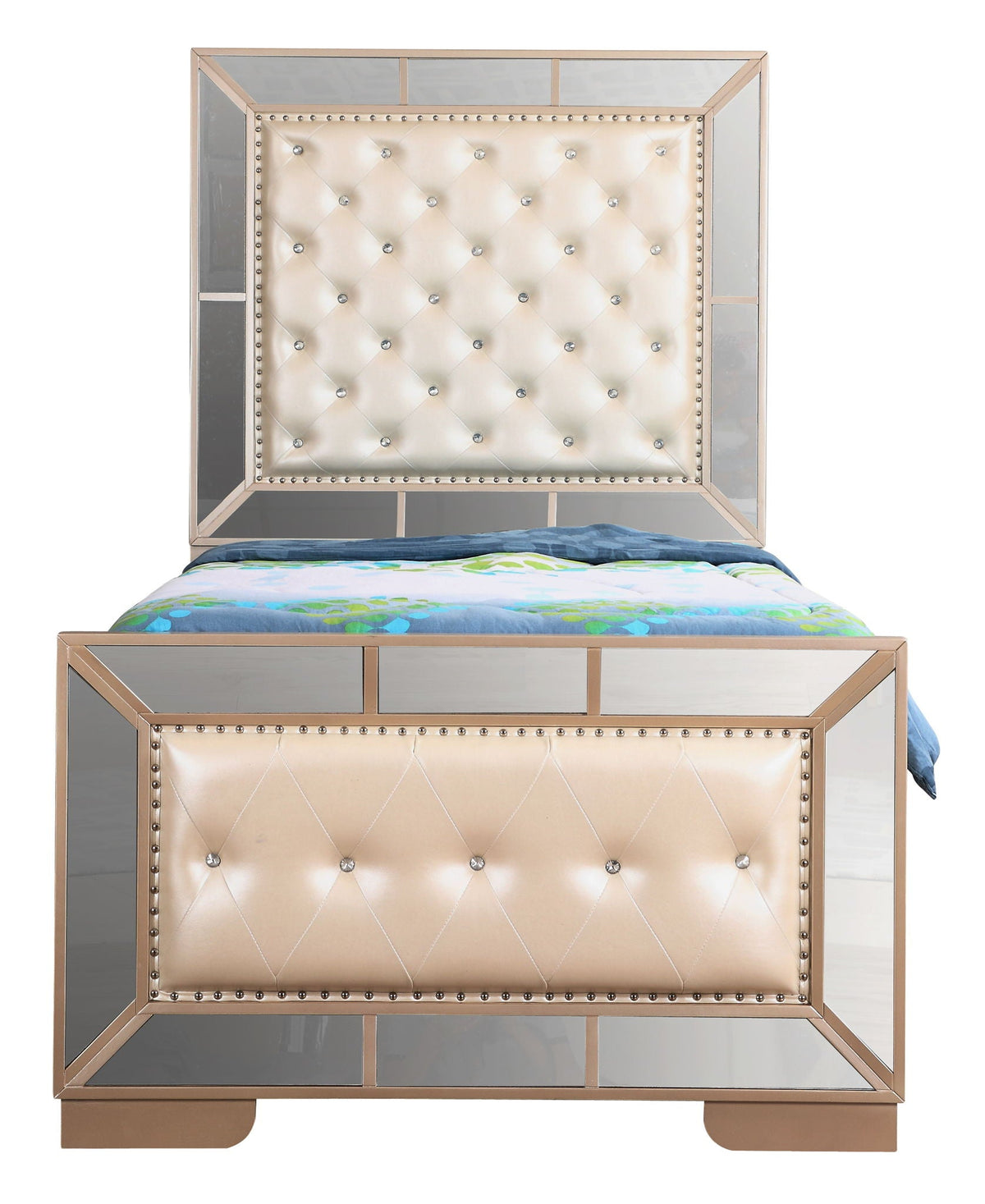 Contemporary Panel Bed with Mirrored Accents - Beige or Pearl Silver