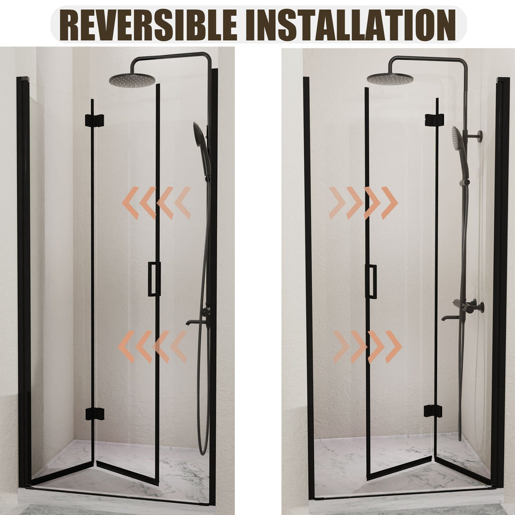 Semi Frameless Bifold Pivot Shower Door with Reversible Installation - Black