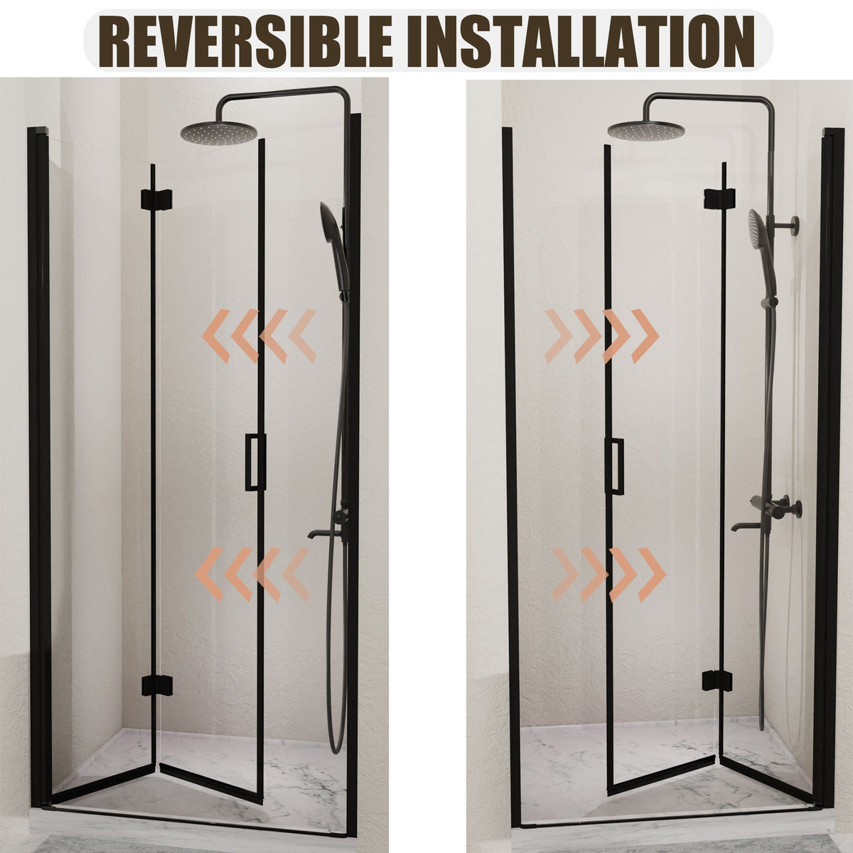 Semi Frameless Bifold Pivot Shower Door with Reversible Installation - Black