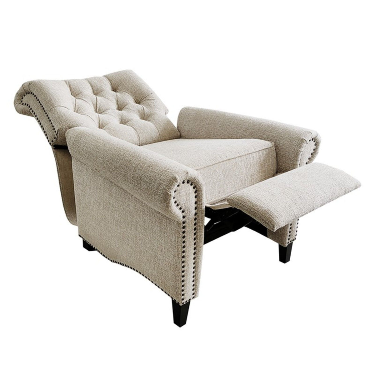 Cream Push Back Recliner Chair with Tufted Back and Nailhead Trim