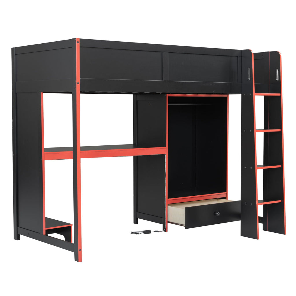 Gaming Loft Bed with Built-In Desk, Wardrobe & LED Lighting - Black