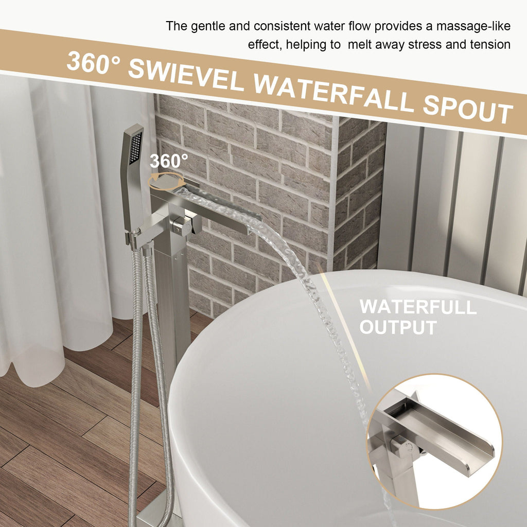 Freestanding Bathtub Faucet Waterfall Tub Filler with Hand Shower - Brushed Nickel