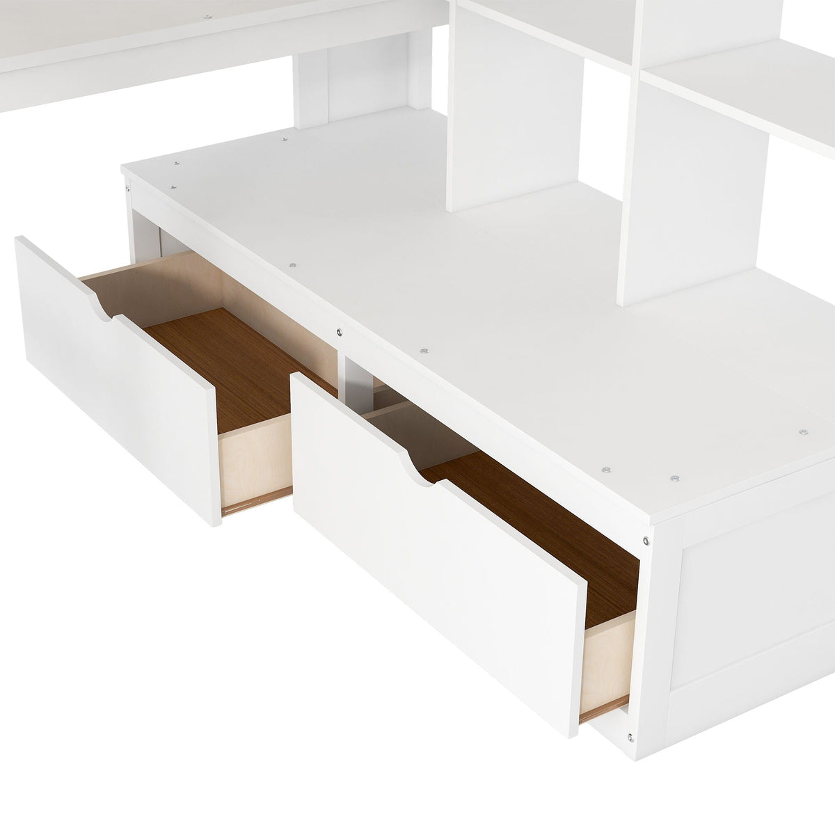 Full Size Loft Bed with Desk, Drawers & Storage Staircase - White