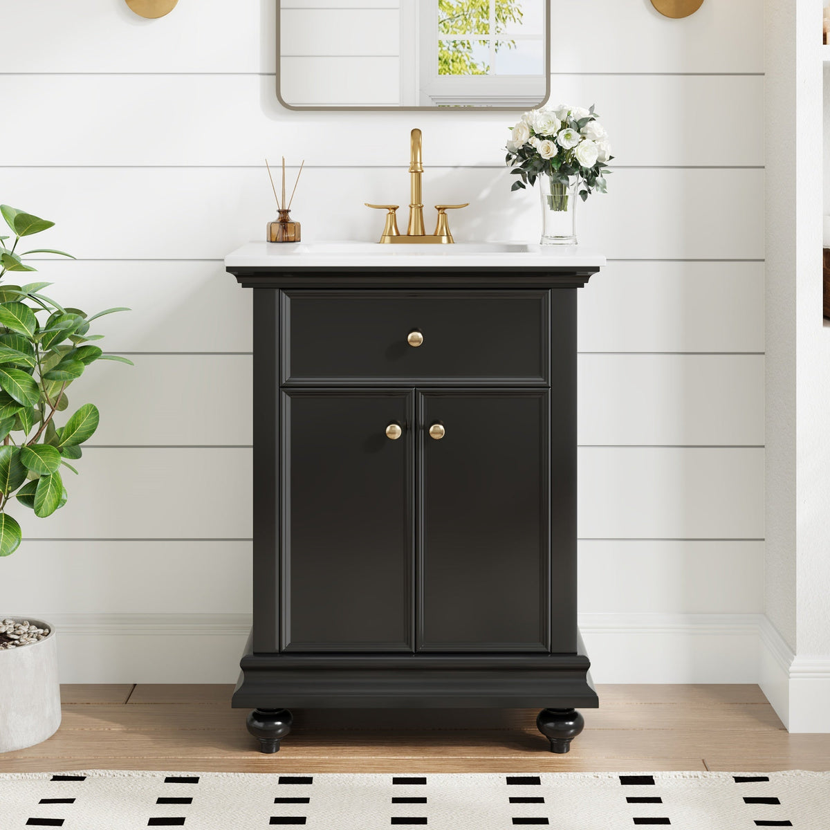 24" Modern Bathroom Vanity with Tip-Out Drawer & Soft-Close Hinges - Black, Green, or White