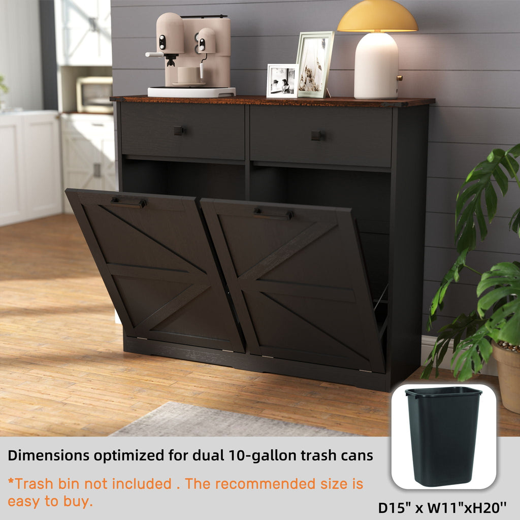 Double Tilt Out Trash Cabinet with Hideaway Drawer - Barn Door Style