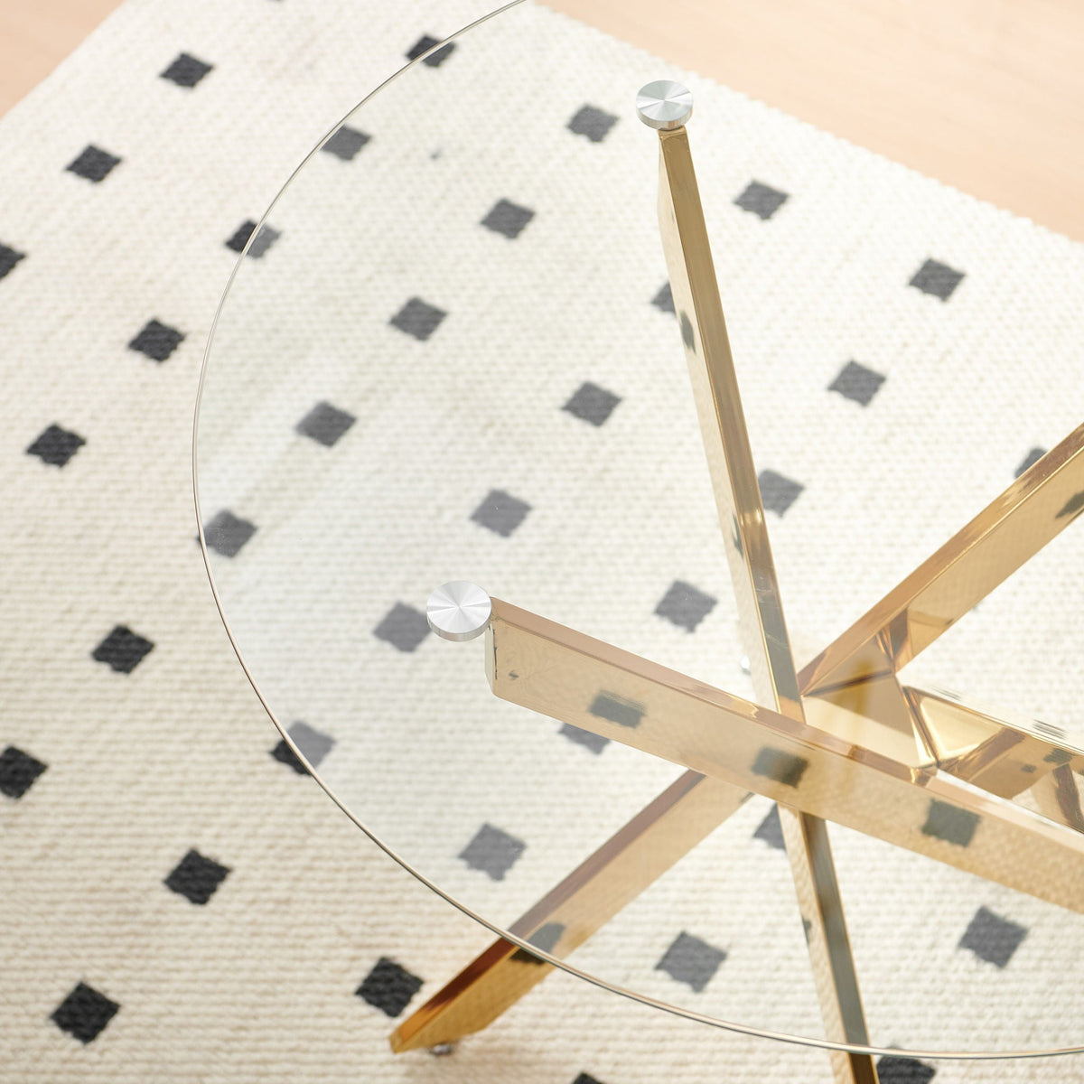 Dining Table With Cross Metal Leg And Tempered Glass