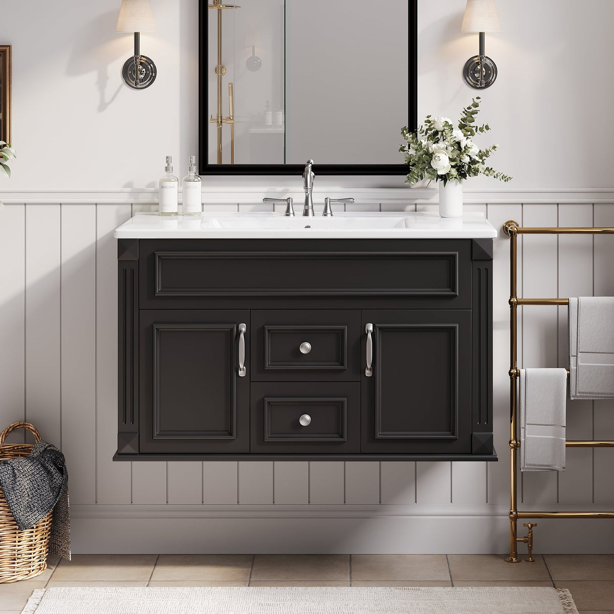 36 Inch Wall Mounted Bathroom Vanity with Ceramic Sink - Multiple Colors