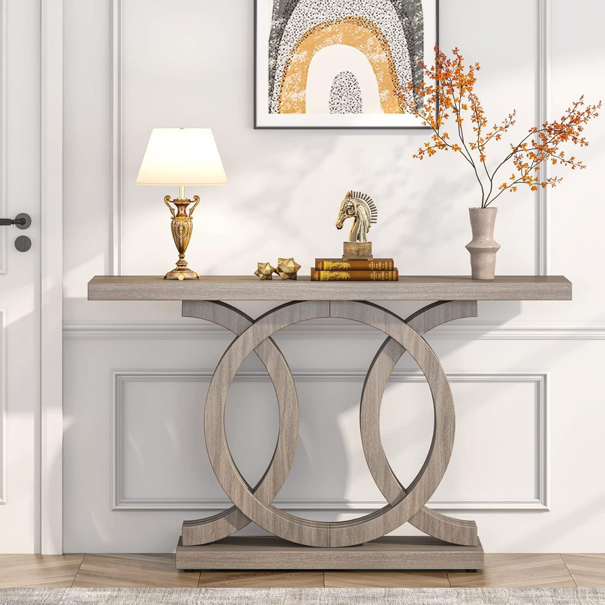 Console Table with Geometric Base for Living Room - Gray