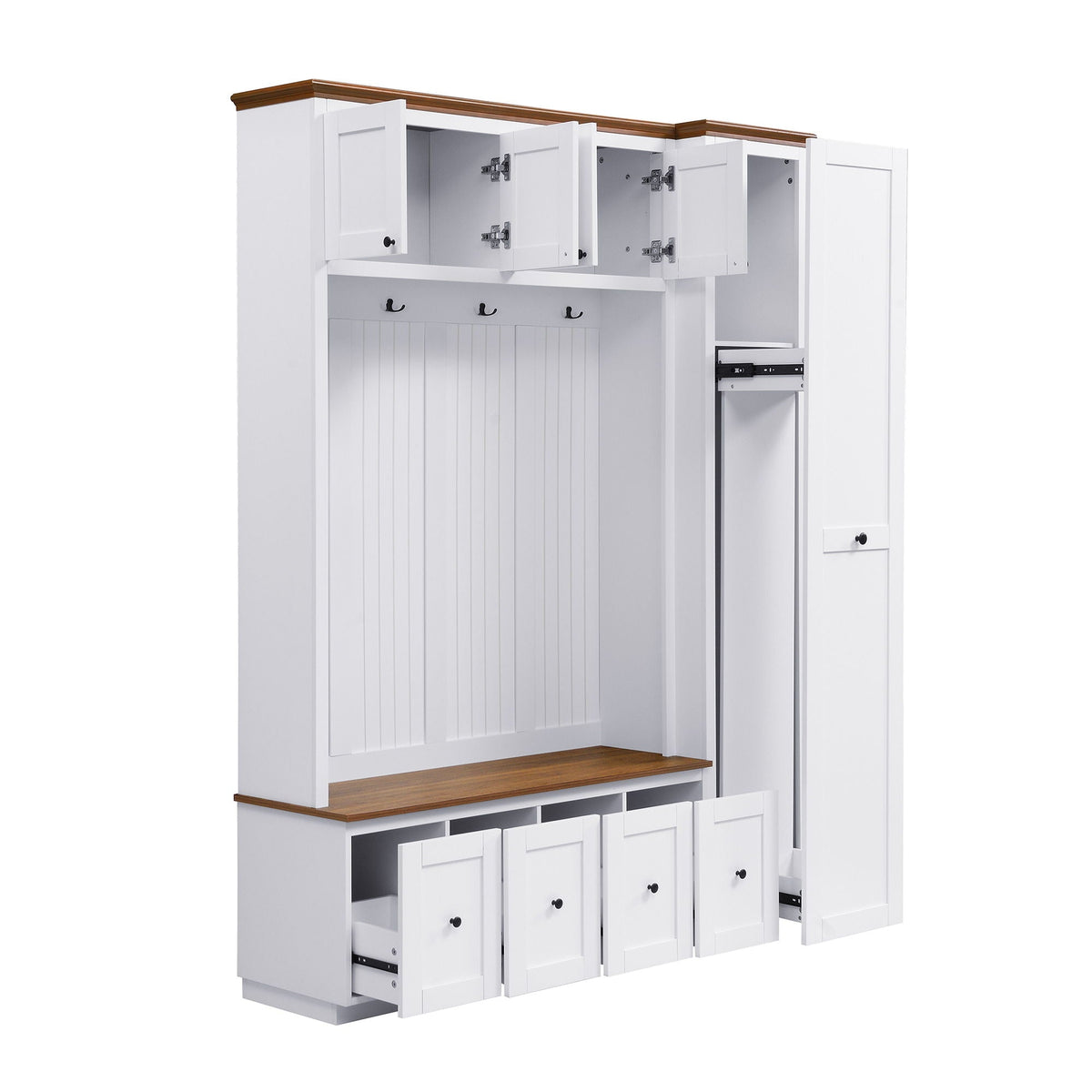 Entryway Hall Tree with Storage Bench and Cabinets – Black or White