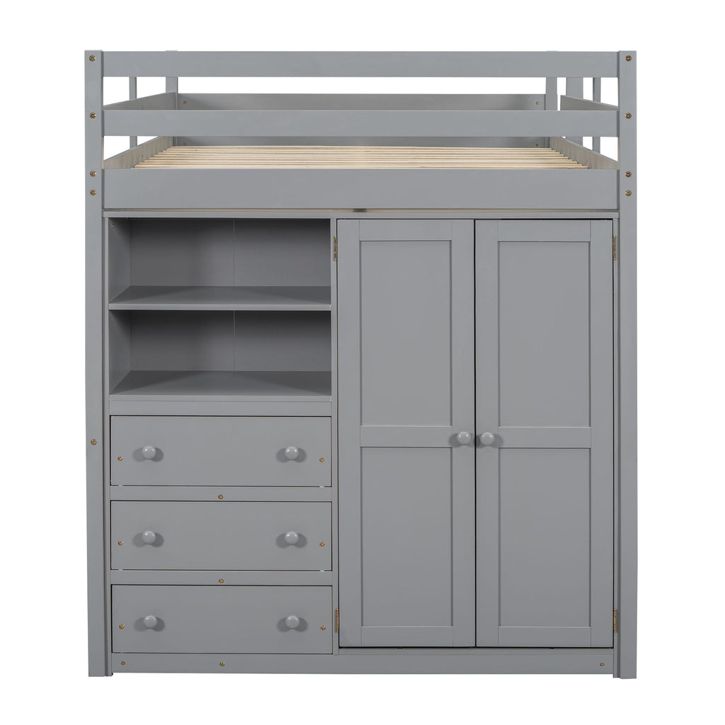 Full Size Loft Bed with Built-In Wardrobe, Shelves, and Drawers - White or Dark Gray