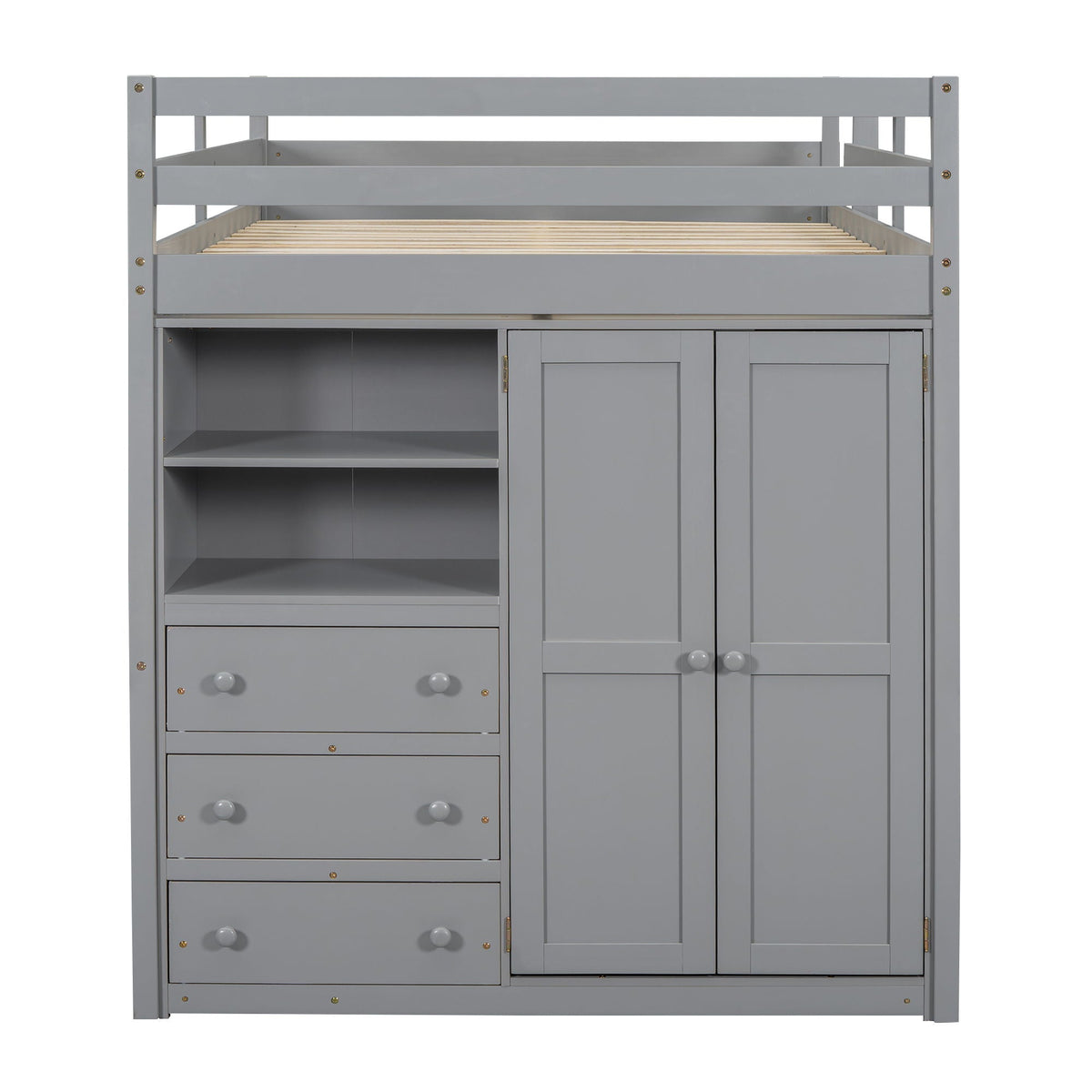 Full Size Loft Bed with Built-In Wardrobe, Shelves, and Drawers - White or Dark Gray