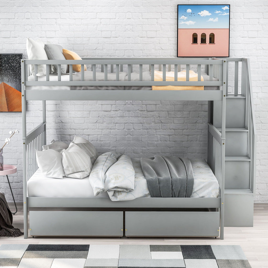 Bunk Bed with Staircase and Storage Options - Dark Gray or White